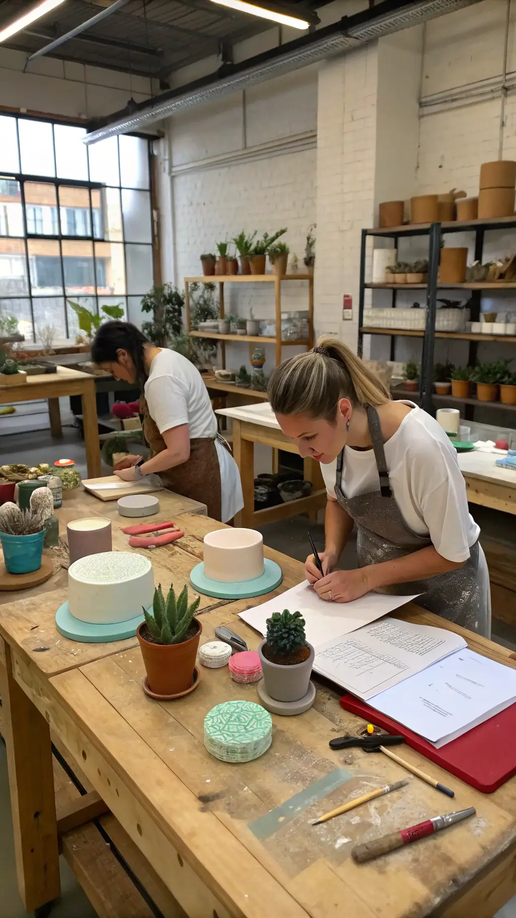 An intimate pastry workshop with natural light streaming through industrial windows, illuminating wooden workbenches where fondant jungle animals are being crafted amidst scattered sculpting tools, colored fondant, and reference sketches; background shows shelves of cake forms and materials, with earth tones, terracotta succulents, and leather aprons enhancing craftsmanship ambiance.