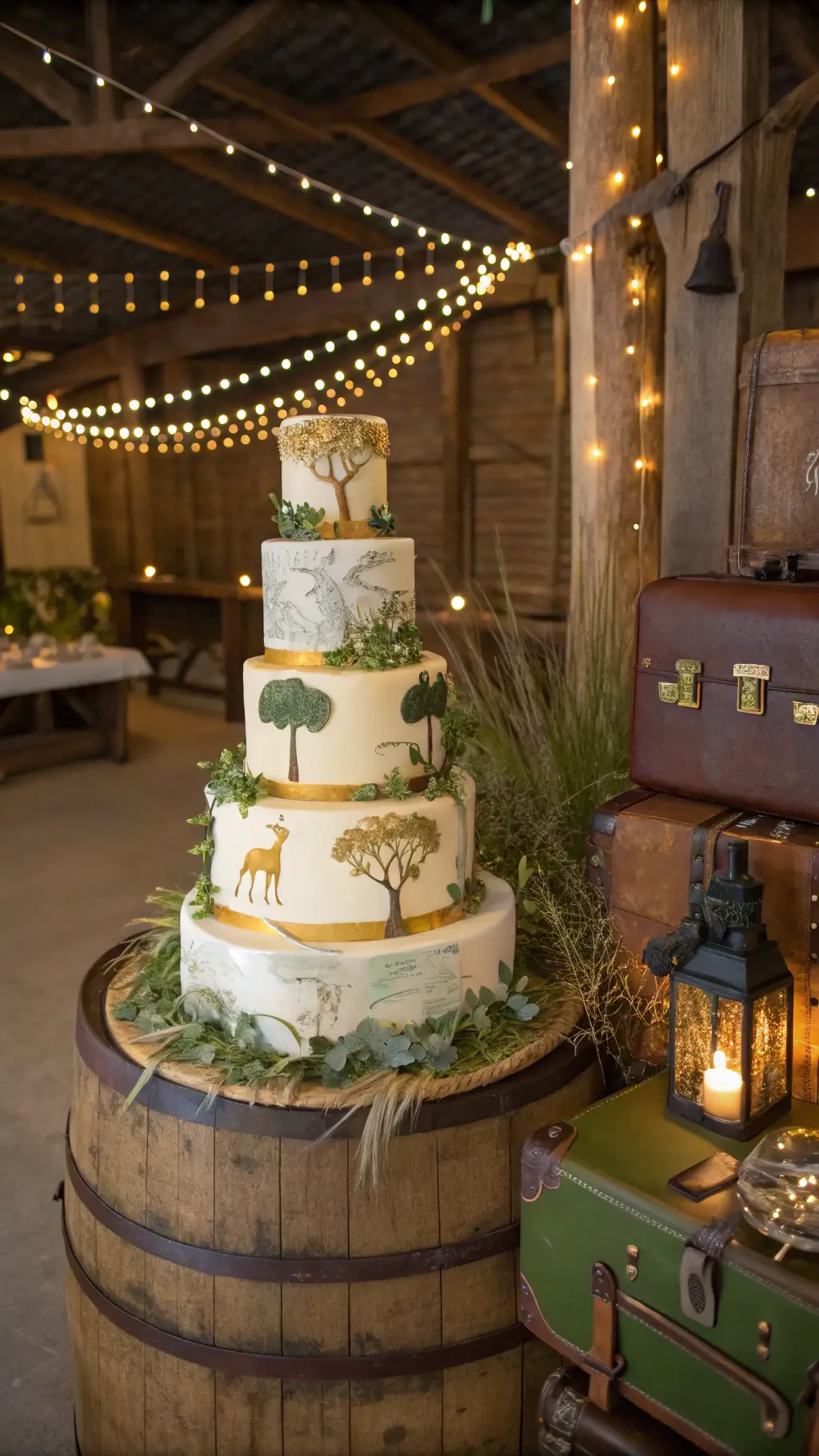 Safari-themed cake on a wooden barrel, surrounded by vintage suitcases and accessories, with fairy lights and lanterns enhancing the rustic barn setting.