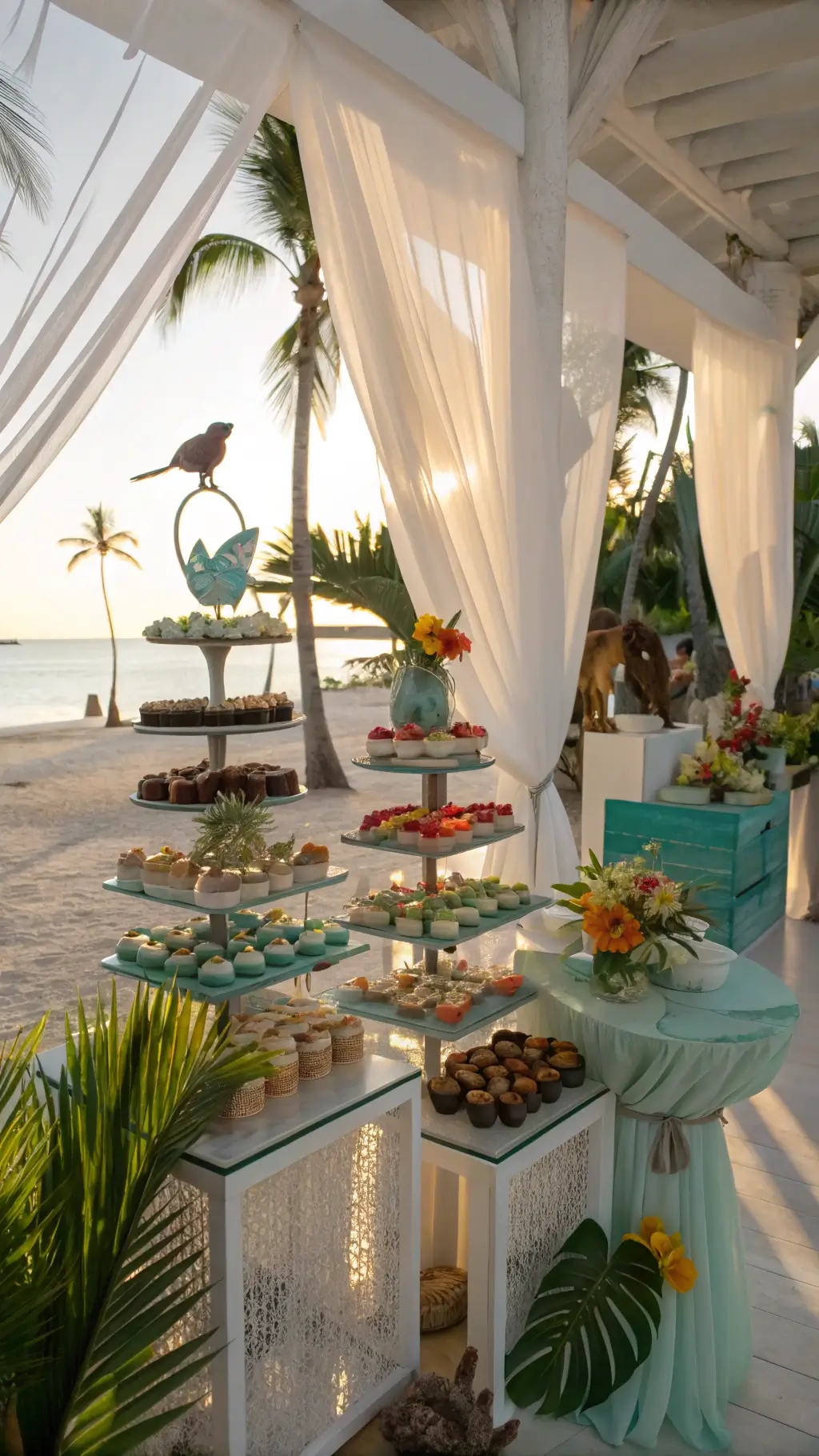 A wide-angle view of a beachfront dessert station adorned with jungle-themed treats on acrylic stands, accented by fresh palm fronds and bright birds of paradise flowers. Chocolate monkey figures add playfulness while iridescent butterflies shimmer in late afternoon light. Turquoise, coral, and sunshine yellow colors stand out against white gauzy drapes, casting long shadows.