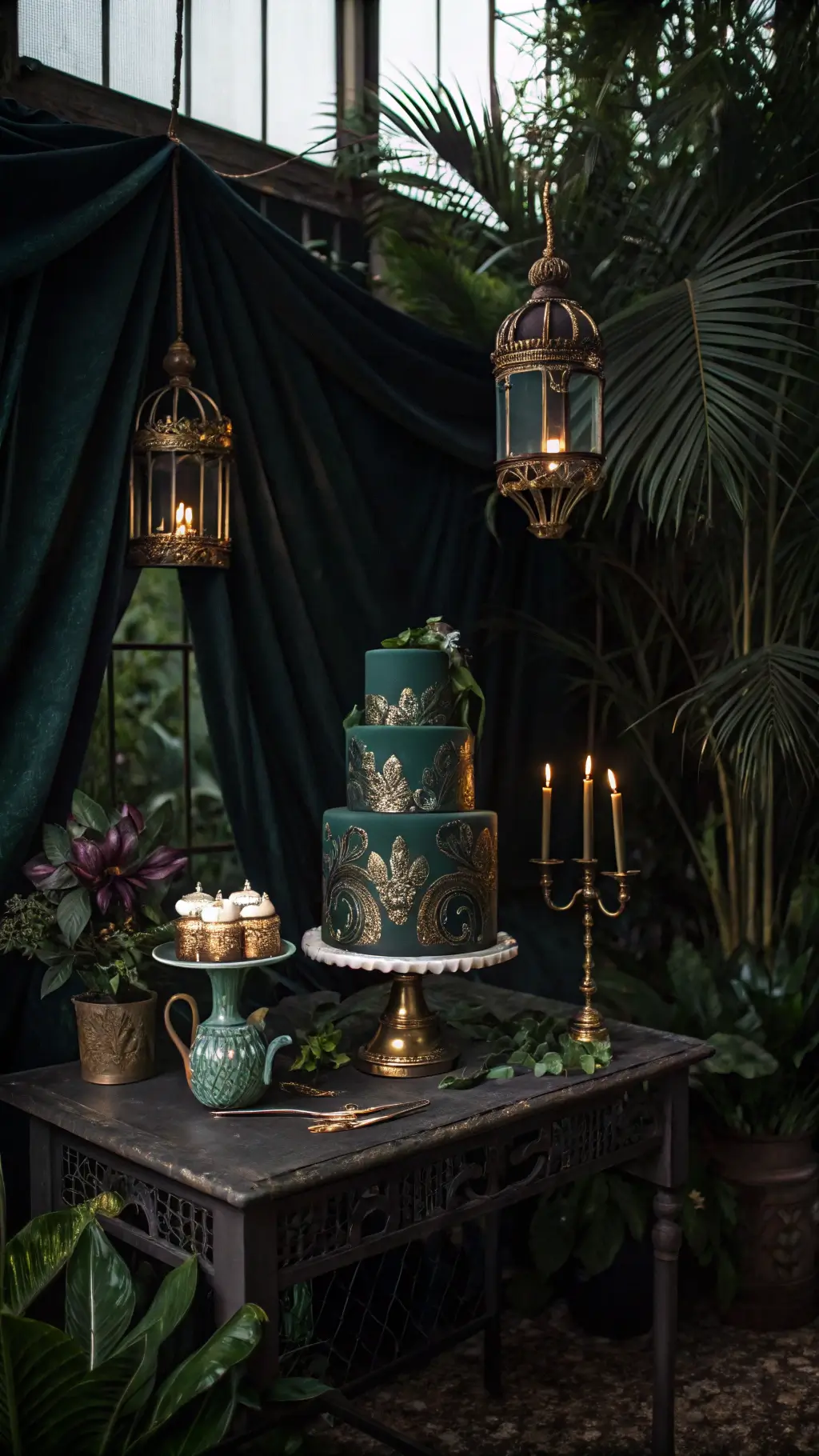 Moody editorial shot of an elegant jungle-themed cake in a Victorian greenhouse, illuminated by antique copper lanterns casting dramatic shadows, surrounded by black palm leaves, dark orchids, gold-rimmed teacups, and framed by heavy velvet curtains.