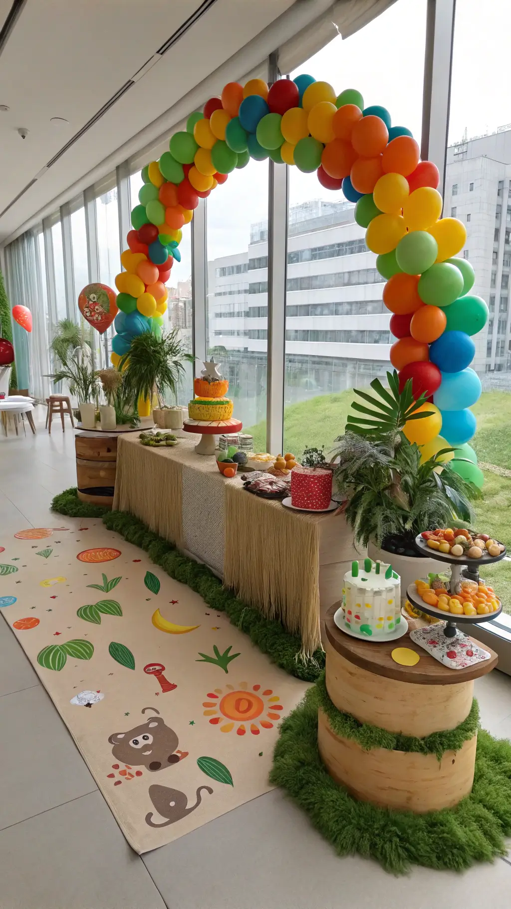 Children's jungle party setup in a modern loft with floor-to-ceiling windows illuminating cartoon animal cakes, rainbow balloon garlands, artificial grass carpeting, paint-splattered kraft paper runners, and colorful ceramic planters in vibrant primary colors and leafy greens.