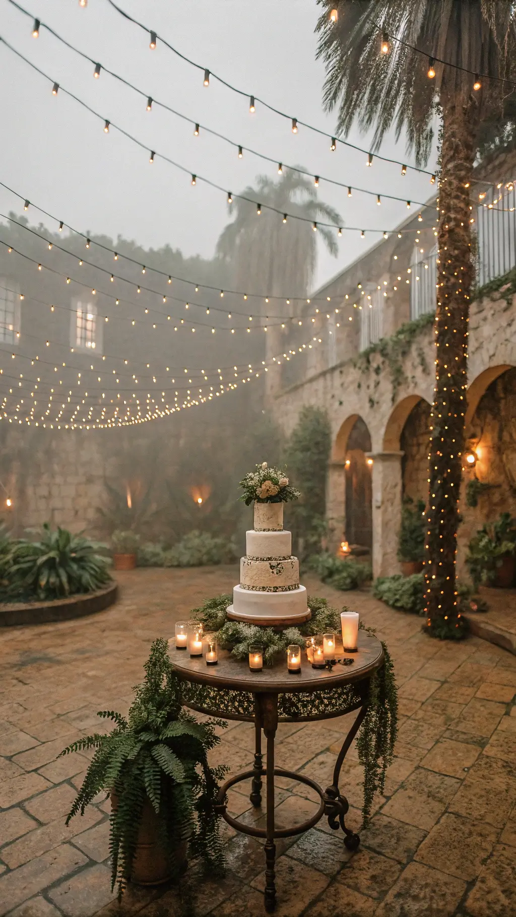 A cinematic wide shot of a jungle-themed wedding cake on an antique iron table, draped with silk and surrounded by potted ferns and hanging vines in a candlelit stone courtyard. Twinkling lights create a starry effect overhead, with mercury glass votives and pearl-studded fruits adding romantic touches. Soft creams, misty grays, and rose gold accents enhance the dreamy atmosphere.