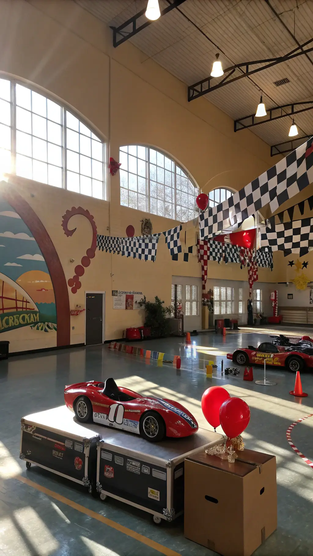 An indoor gymnasium transformed into a vibrant racing-themed venue at golden hour, with sunlight streaming through high windows onto a hand-painted racetrack mural. Overhead, black and white checkered pennant banners crisscross and balloon garlands form archways. Life-sized cardboard race cars in primary colors line the space. A main table displays a pit crew toolbox filled with treats, surrounded by vintage racing items and LED tire-shaped lights. Shot wide to capture the scene's energy.