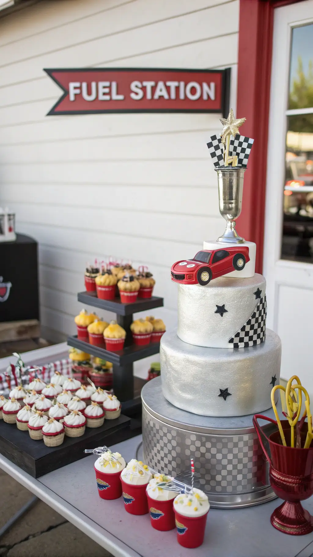 Close-up shot of a 'Fuel Station' themed dessert table with a three-tiered metallic silver race car cake, trophy-shaped candy cups, and cupcakes in red toolboxes, set against a backdrop with an LED 'FUEL STATION' sign.