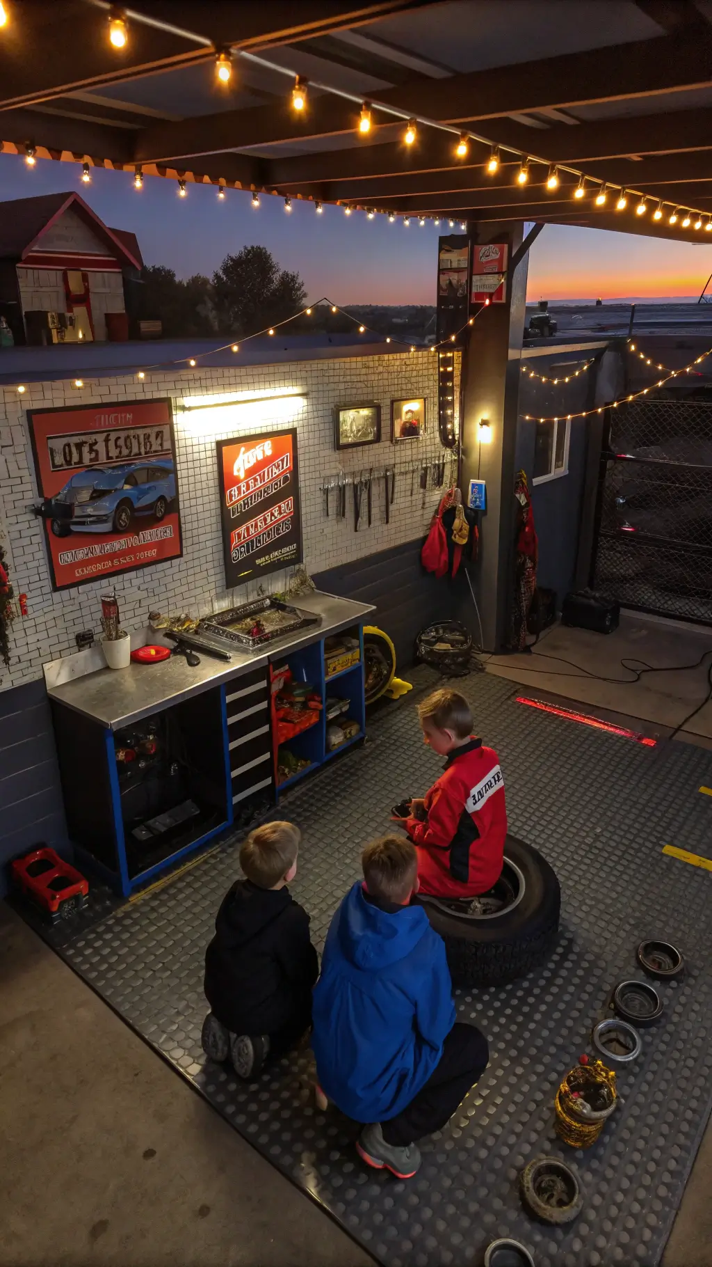 Overhead view of a pit crew zone at dusk with café lights, diamond plate flooring, tools on pegboards, children's coveralls, a tire-changing station, vintage racing posters, neon signs, and tool-shaped cookies on trays.