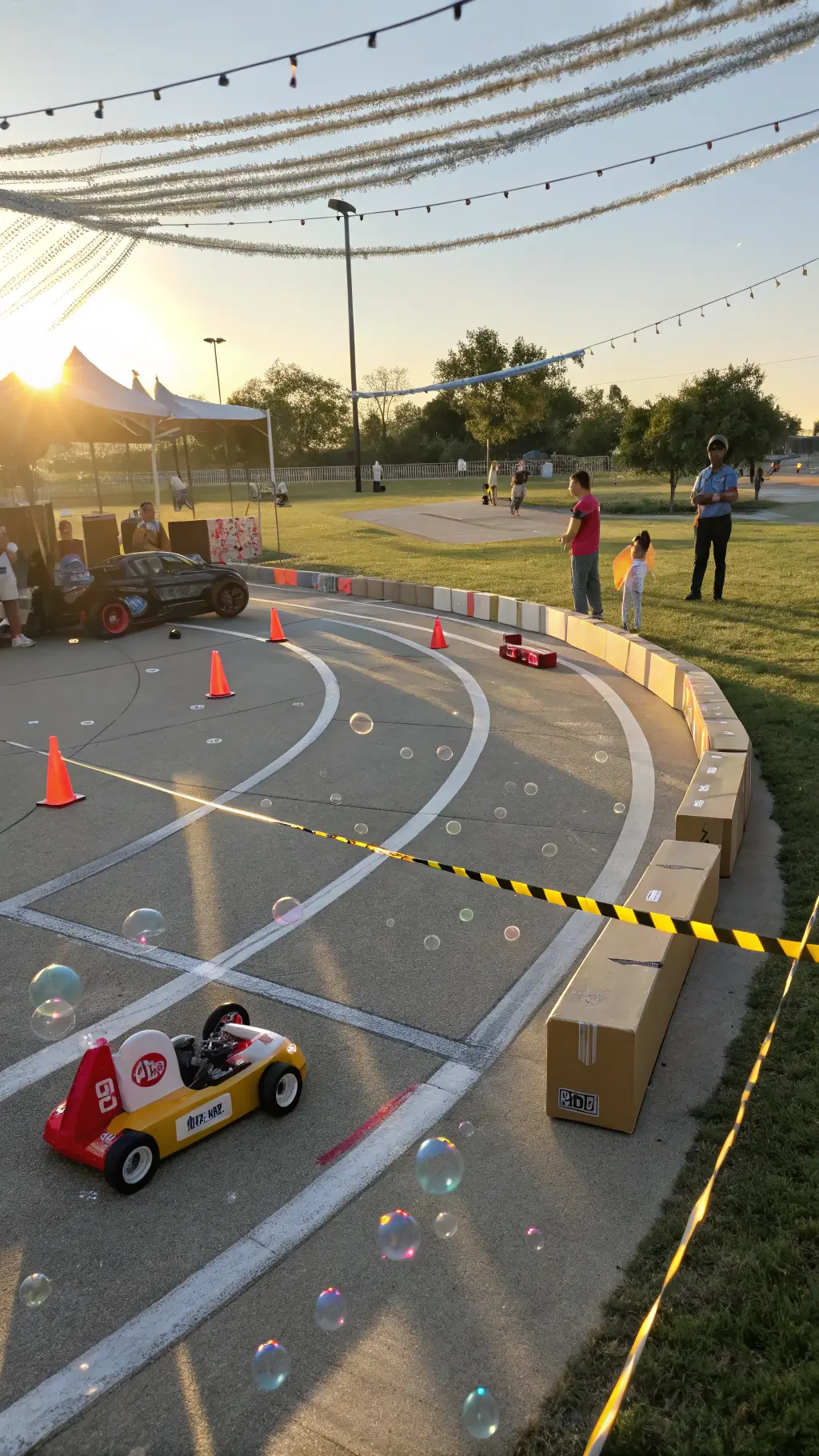 Wide-angle view of a sunlit outdoor obstacle course featuring a winding track with tire obstacles, a car wash tunnel with bubbles, hairpin turns, and pit stops marked by colorful cardboard cars, all framed by strings lights and racing pennants. Car Birthday Party