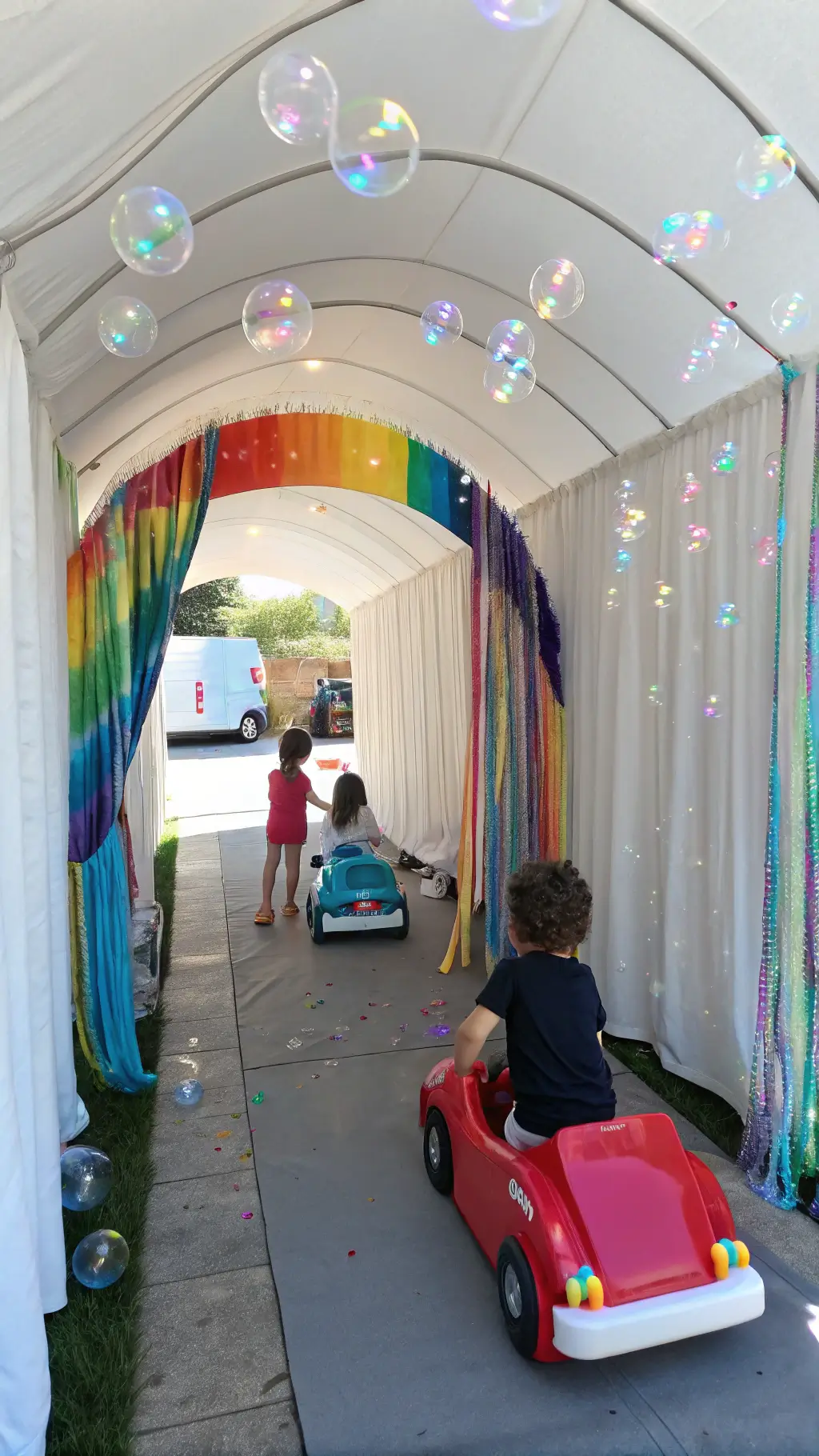 Children's DIY cardboard car wash station with white fabric walls and colorful foam noodle brushes, iridescent bubbles, and metallic curtains. Shot from a low angle, showing kids decorating toy cars in bright light. Car Birthday Party