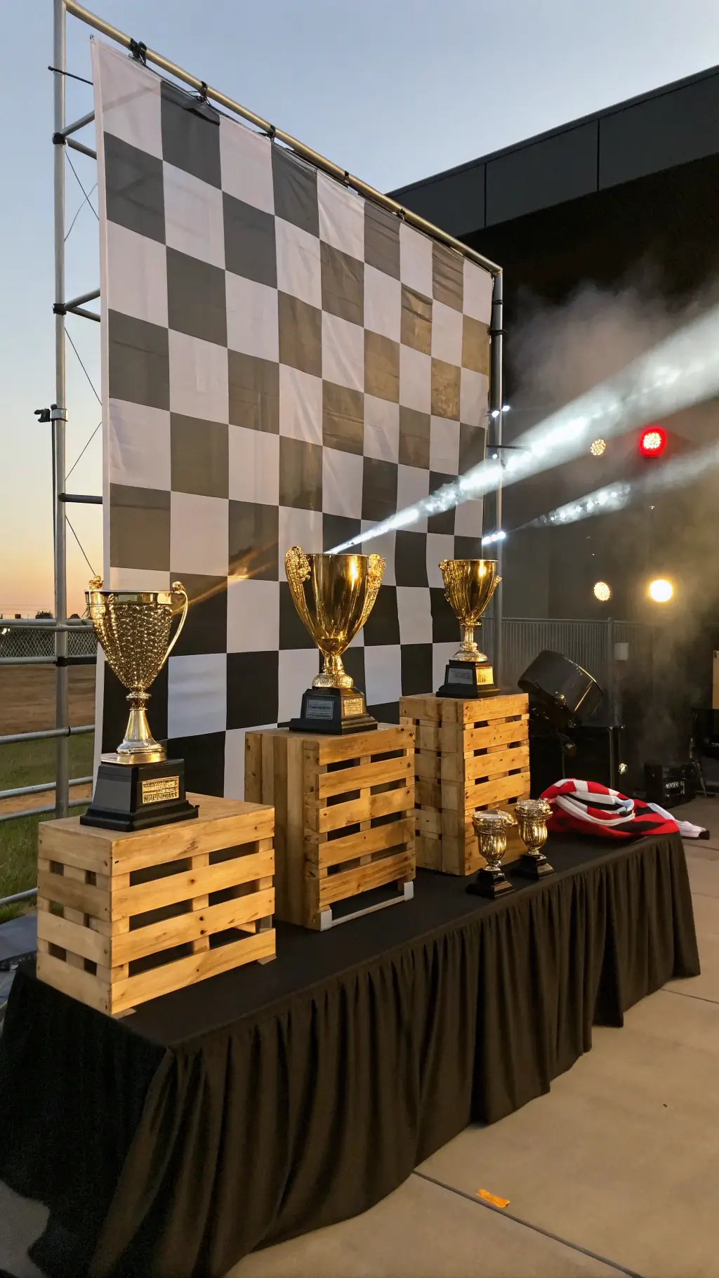Golden hour scene showcasing a winner's podium made from wooden crates in metallic gold, silver, and bronze, with dramatic smoke and spotlights highlighting a large checkered flag backdrop. A trophy table with black silk and LED lights displays racing cups filled with candy medals, capturing the grandeur and excitement of the setup. Car Birthday Party