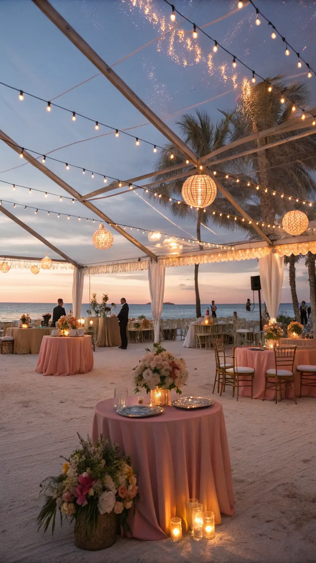 A twilight beach reception with illuminated tent reflecting market lights and lanterns, featuring coral and gold decor, tables with sequined linens and floral centerpieces, a dance floor with driftwood and lanterns, vintage bar cart with cocktails, and palm trees highlighted by uplighting.