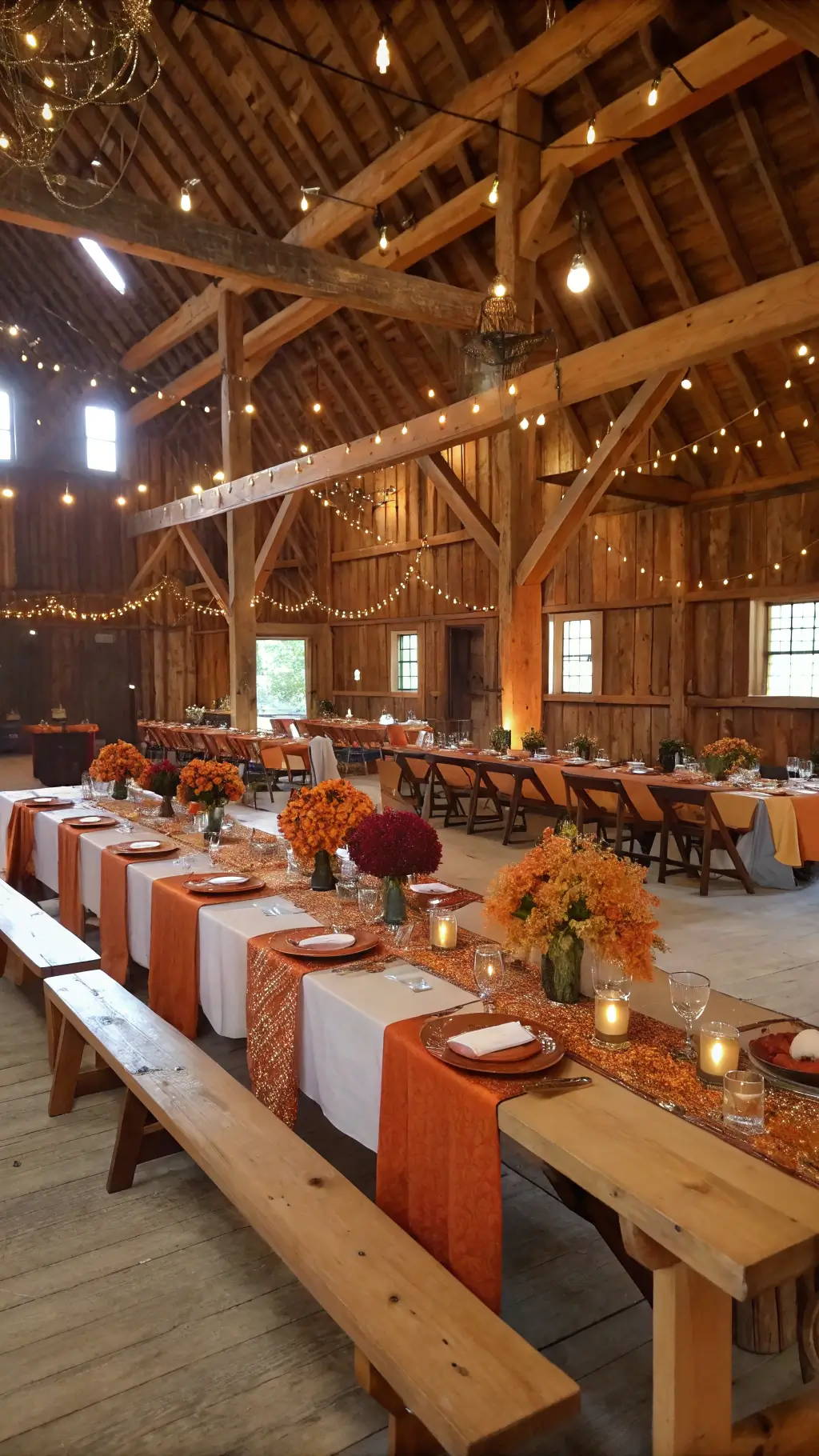 Rustic barn venue transformed for autumn baby shower, featuring harvest tables, burnt orange runners, gold-rimmed settings, fall florals in copper vessels, fairy lights, grazing table with seasonal appetizers, and lounge areas with leather settees and plaid throws.