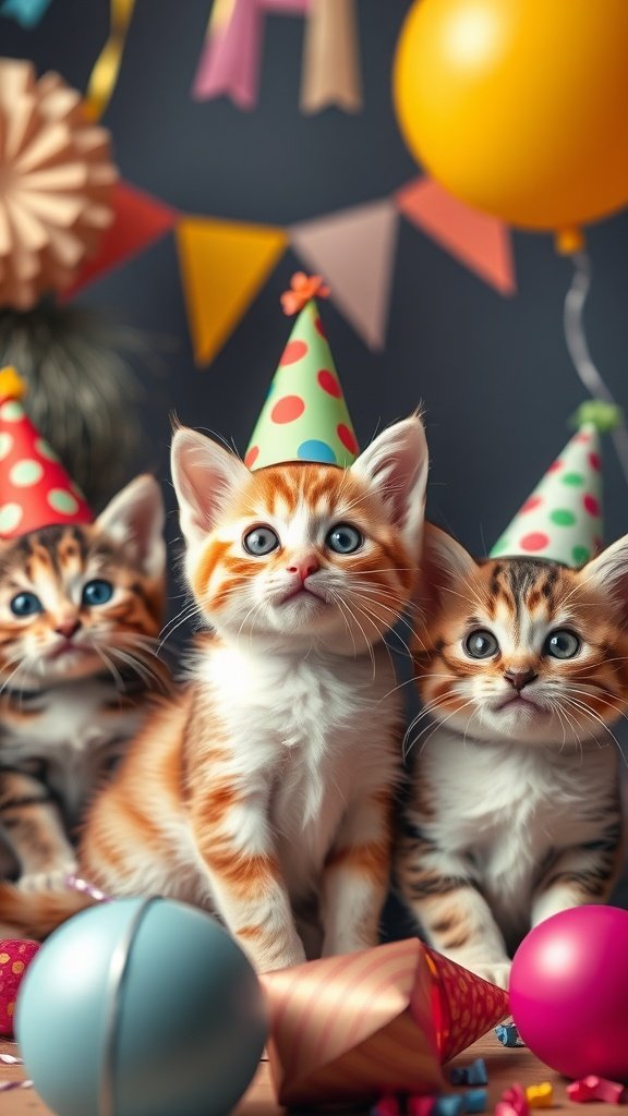Three adorable kittens wearing party hats at a birthday celebration.