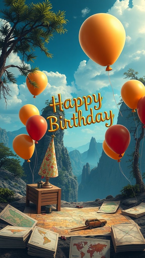 A colorful birthday scene with balloons, a party hat, and a map, symbolizing adventure.