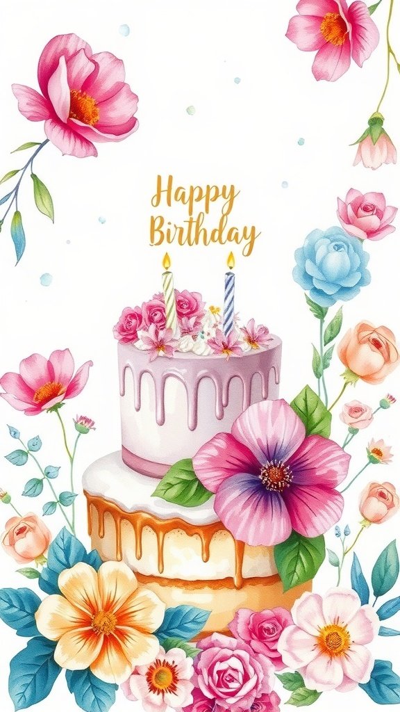 A beautiful watercolor illustration of a birthday cake surrounded by flowers, with the text 'Happy Birthday'.