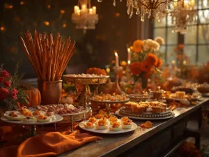 A rustic and elegant autumn grazing table, featuring pretzel broomsticks in copper vessels, pumpkin-shaped deviled eggs on marble platters, and a crostini bar. The dark wooden table has a burnt orange runner, autumn leaves, and fairy lights, with multiple levels from crates and platforms. Includes cranberry goat cheese and caramelized onion crostinis, bacon-wrapped figs on copper trays, surrounded by sage and copper-toned florals, under warm lighting from chandeliers and candelabras. 8K ultra HD, golden hour lighting.