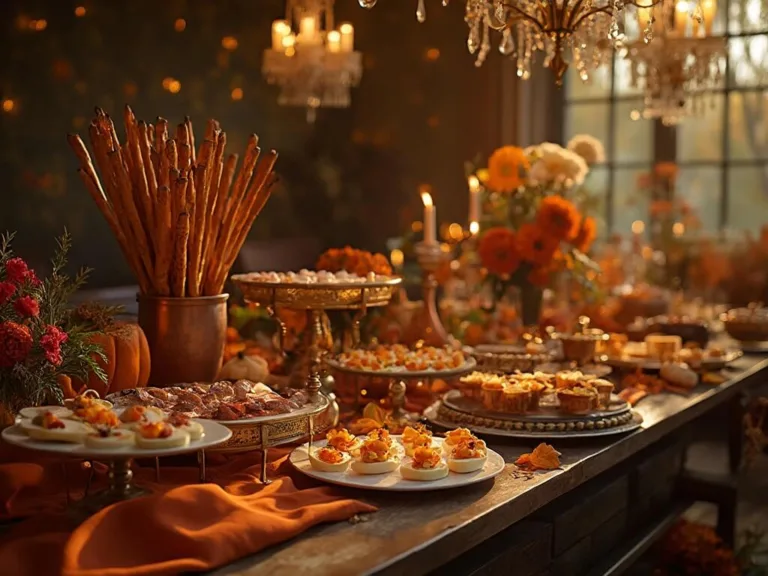 A rustic and elegant autumn grazing table, featuring pretzel broomsticks in copper vessels, pumpkin-shaped deviled eggs on marble platters, and a crostini bar. The dark wooden table has a burnt orange runner, autumn leaves, and fairy lights, with multiple levels from crates and platforms. Includes cranberry goat cheese and caramelized onion crostinis, bacon-wrapped figs on copper trays, surrounded by sage and copper-toned florals, under warm lighting from chandeliers and candelabras. 8K ultra HD, golden hour lighting.
