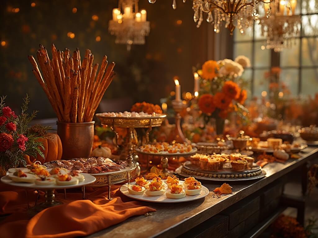 A rustic and elegant autumn grazing table, featuring pretzel broomsticks in copper vessels, pumpkin-shaped deviled eggs on marble platters, and a crostini bar. The dark wooden table has a burnt orange runner, autumn leaves, and fairy lights, with multiple levels from crates and platforms. Includes cranberry goat cheese and caramelized onion crostinis, bacon-wrapped figs on copper trays, surrounded by sage and copper-toned florals, under warm lighting from chandeliers and candelabras. 8K ultra HD, golden hour lighting.