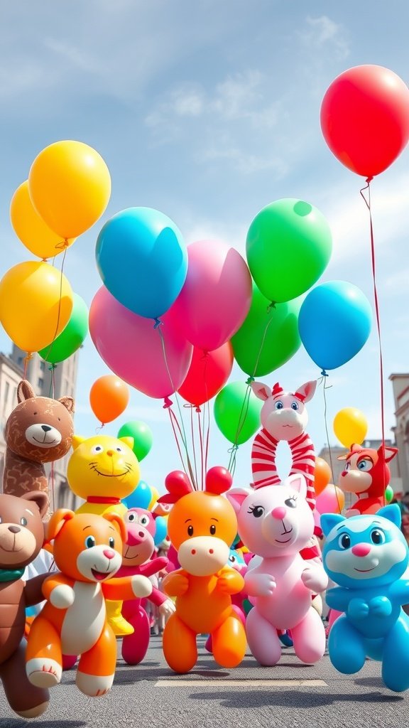 A parade of balloon animals with colorful balloons against a blue sky