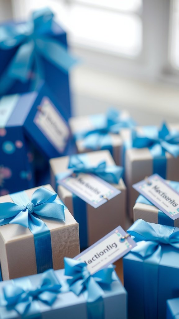 Beautifully wrapped blue-themed party favors for a bridal shower, featuring various shades of blue boxes and ribbons.