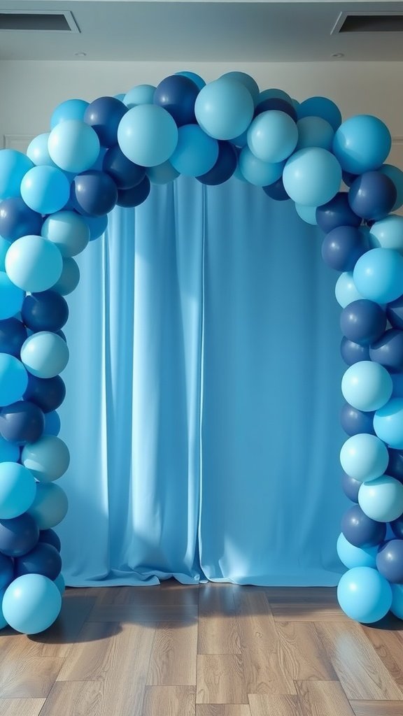A blue balloon arch with varying shades of blue balloons, creating a festive entryway. something blue bridal shower ideas
