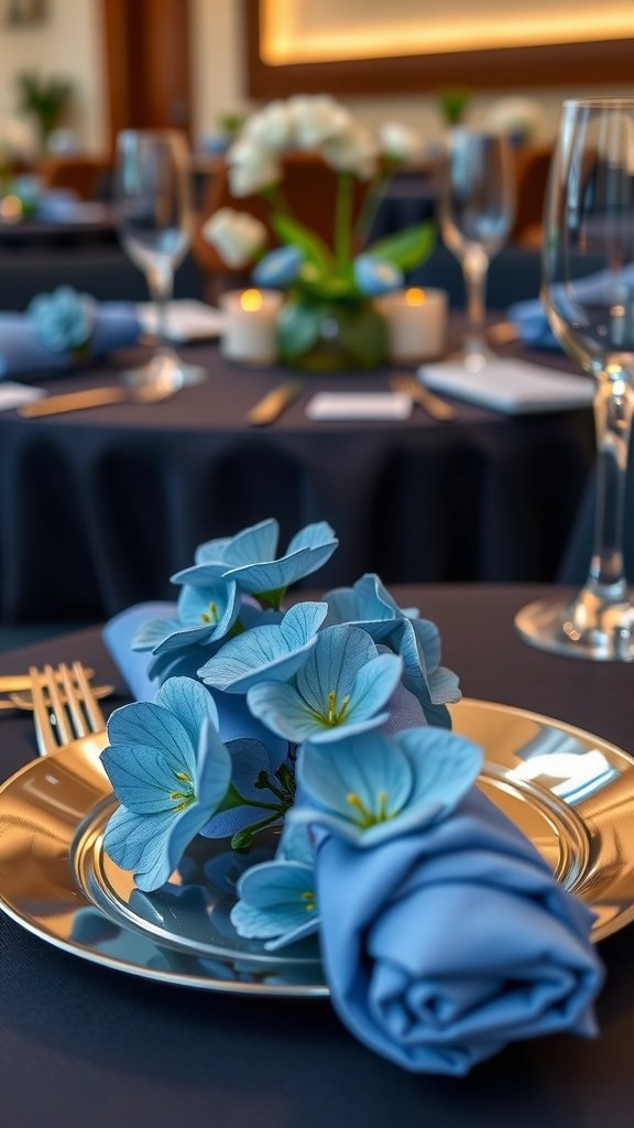 Blue floral napkin rings on a table setting with elegant dinnerware