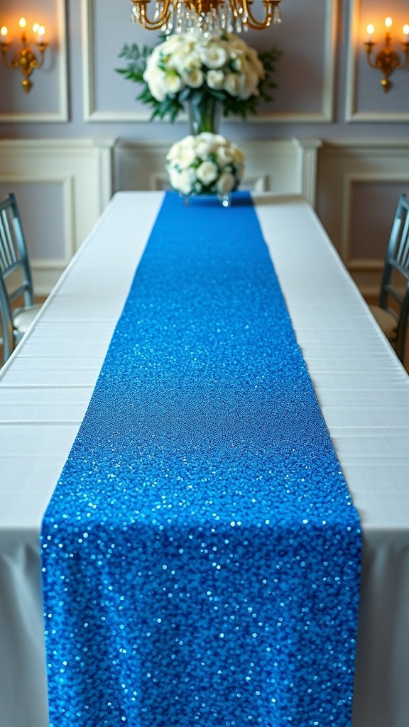 A blue glitter table runner on a table with white tablecloth and floral arrangements.