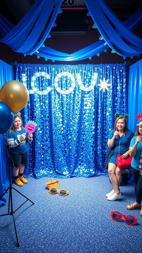 A blue sparkle photo booth with guests posing and colorful props