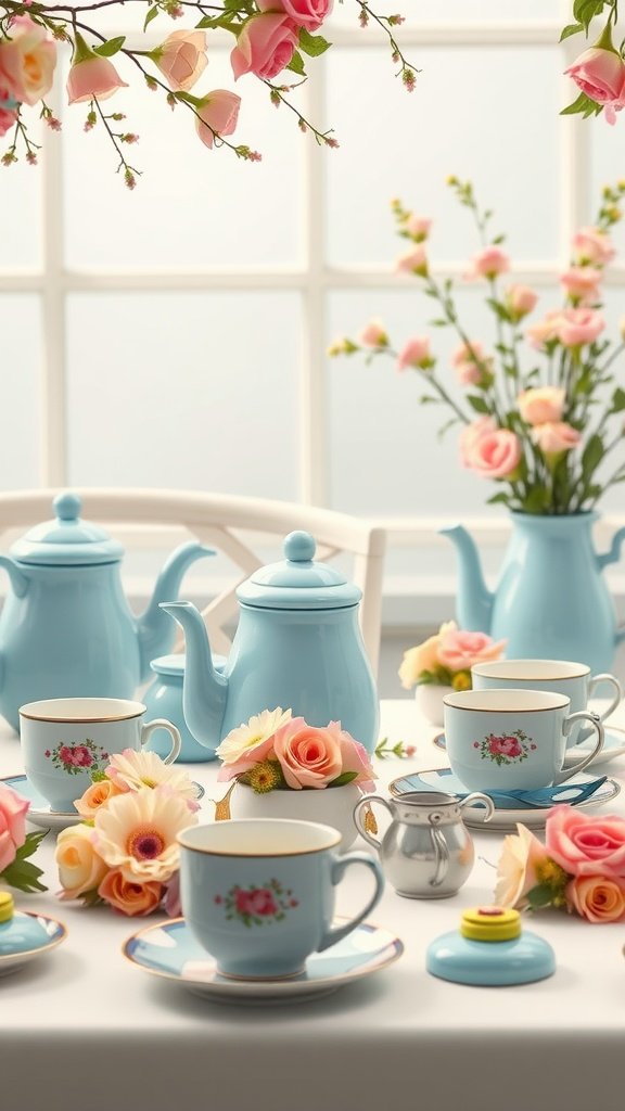 A beautifully arranged tea party table with blue teapots and floral decorations.