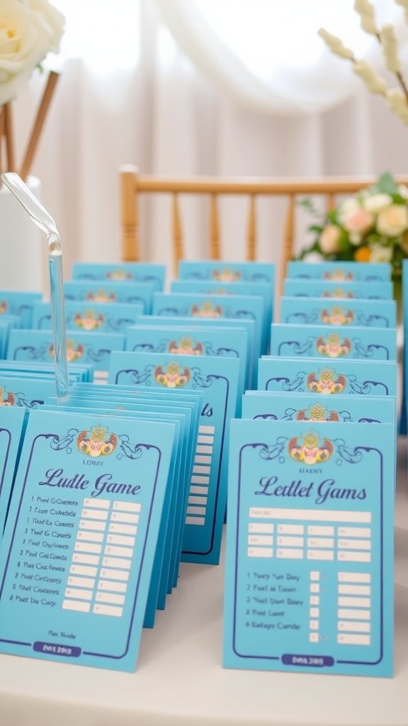 Blue game cards for bridal shower games arranged on a table