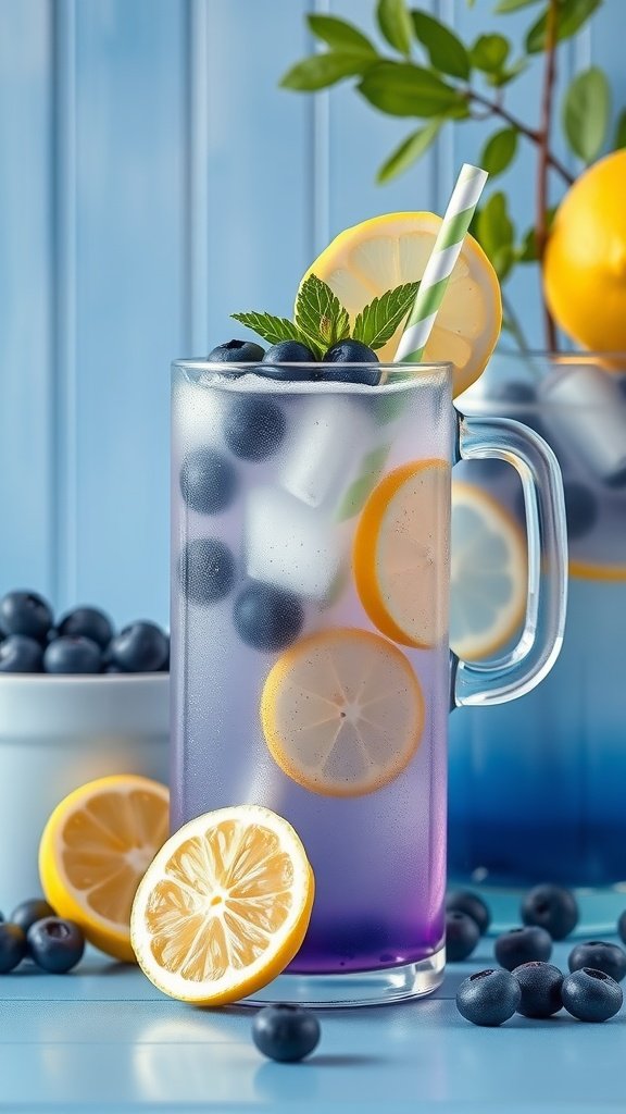 A refreshing glass of blueberry lemonade garnished with lemon slices and blueberries, surrounded by blueberries on a blue background. something blue bridal shower ideas
