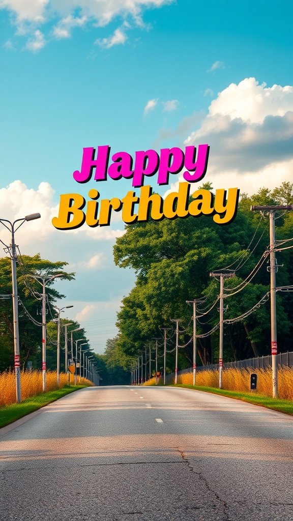 A birthday phone wallpaper featuring bold typography that says 'Happy Birthday' against a scenic background.