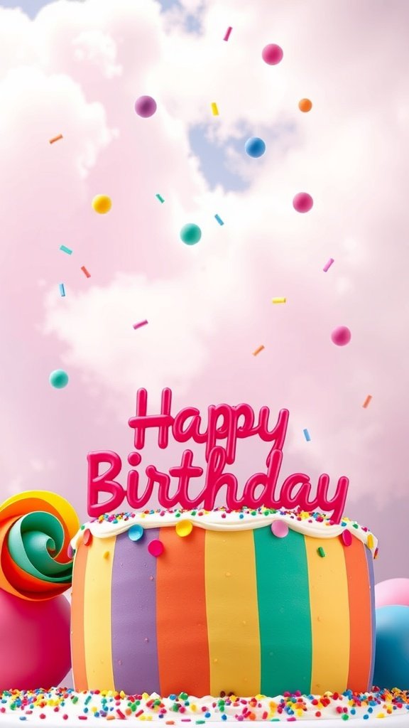 A colorful birthday cake with a 'Happy Birthday' sign and festive decorations.