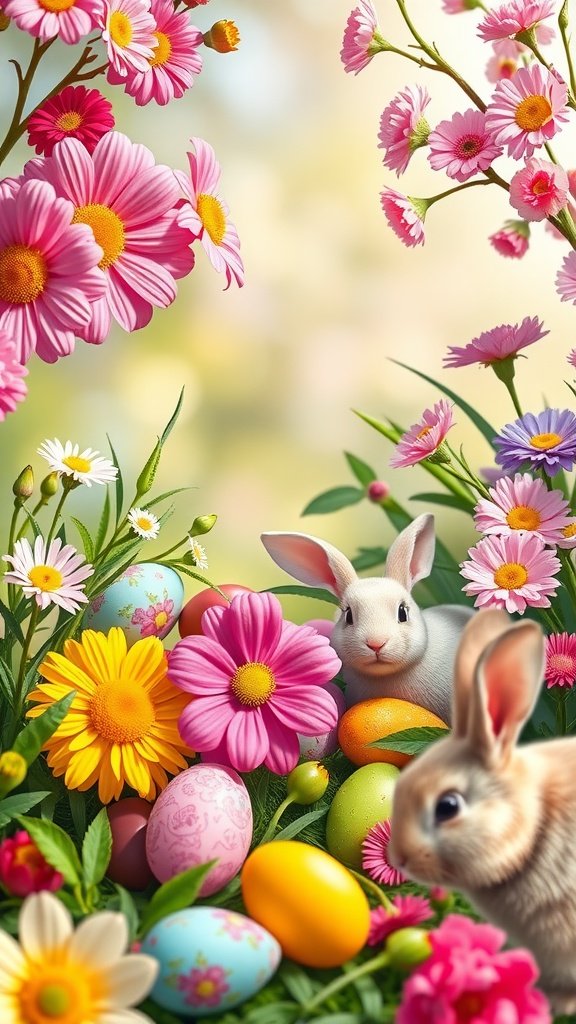Colorful Easter scene with flowers, eggs, and bunnies