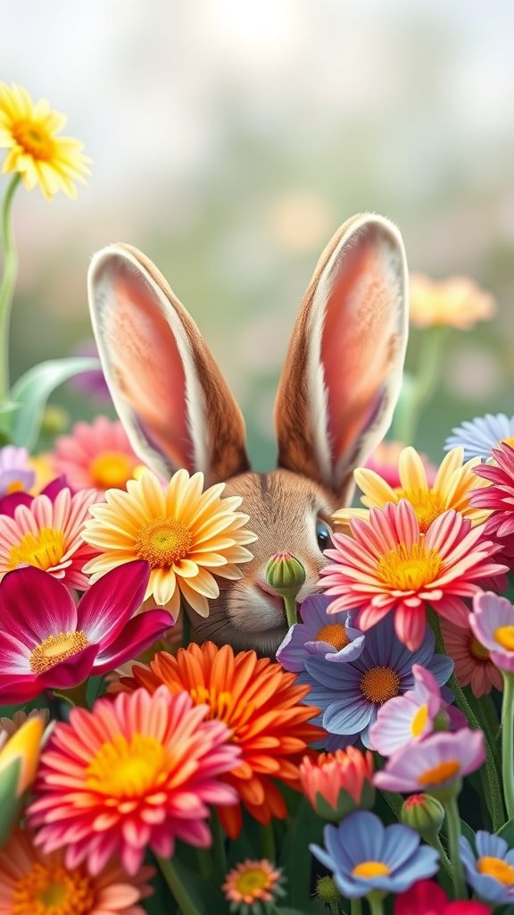 A cute bunny with large ears surrounded by colorful flowers.