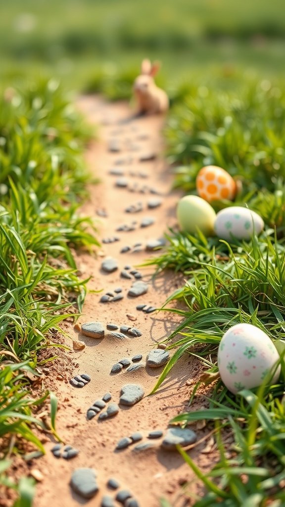 A trail with bunny footprints in the grass, surrounded by colorful Easter eggs.