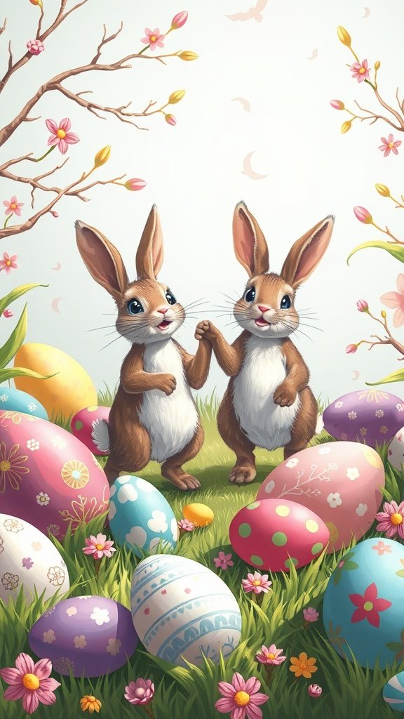 Two cute bunnies dancing among colorful Easter eggs and flowers.
