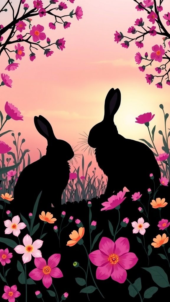 Silhouettes of bunnies surrounded by colorful flowers against a pastel sky