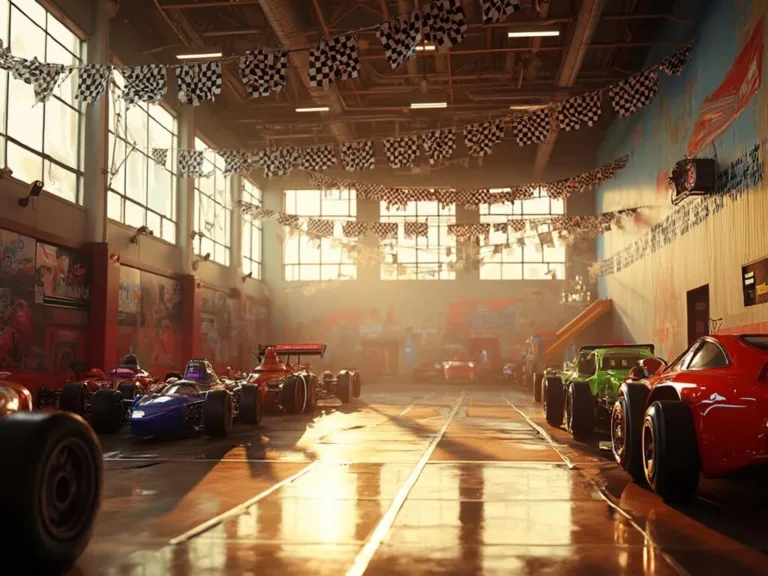 A photorealistic gymnasium interior transformed into a car-themed birthday party space with a racetrack mural, checkered banners, balloon garlands, life-sized race cars, a pit crew toolbox treat station, and vintage racing memorabilia in warm golden hour lighting.