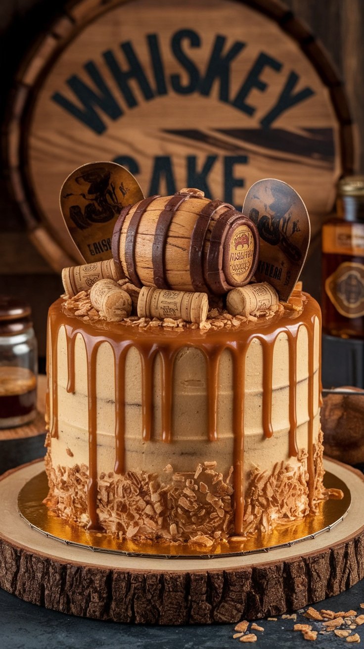 A delicious Caramel Whiskey Cake decorated with caramel drips and whiskey-themed decorations.