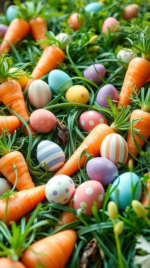 A colorful display of carrots and decorated Easter eggs in green grass, embodying the spirit of Easter.