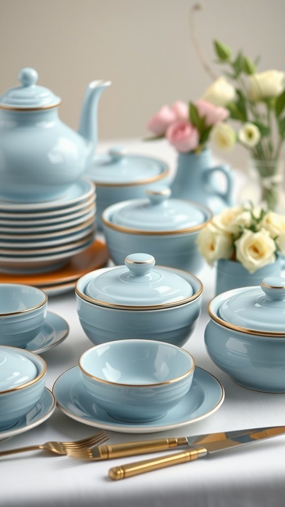 A collection of light blue ceramic dishware with gold accents arranged on a table, including teapots, bowls, and plates, alongside fresh flowers.