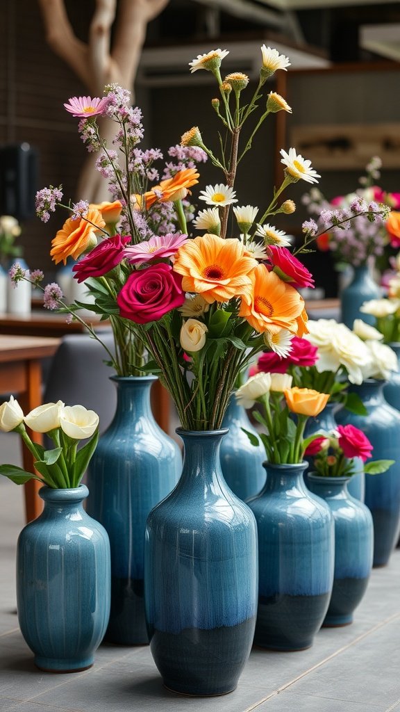 A collection of ceramic blue vases filled with colorful flowers, perfect for a bridal shower.