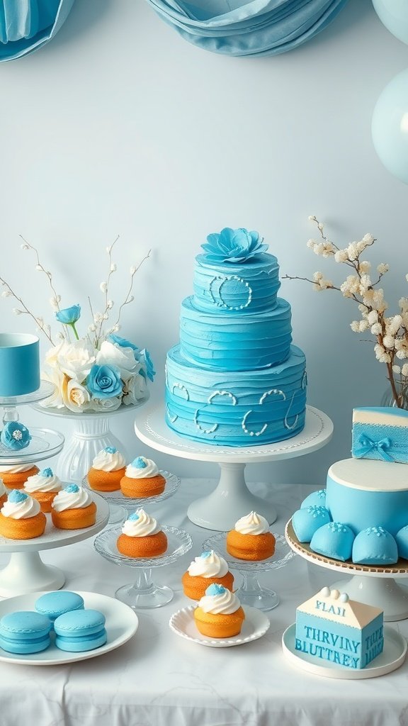 A beautifully arranged cerulean dessert table featuring a blue cake, cupcakes, macarons, and fresh flowers in blue shades.