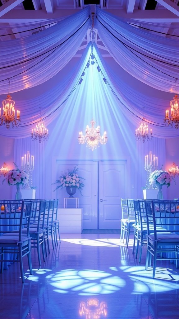 Elegant bridal shower setup with blue lighting and decor.