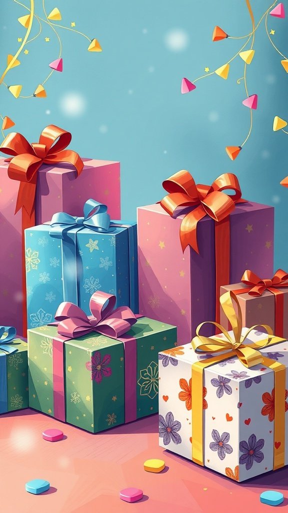Colorful birthday gifts stacked with bows and decorations.