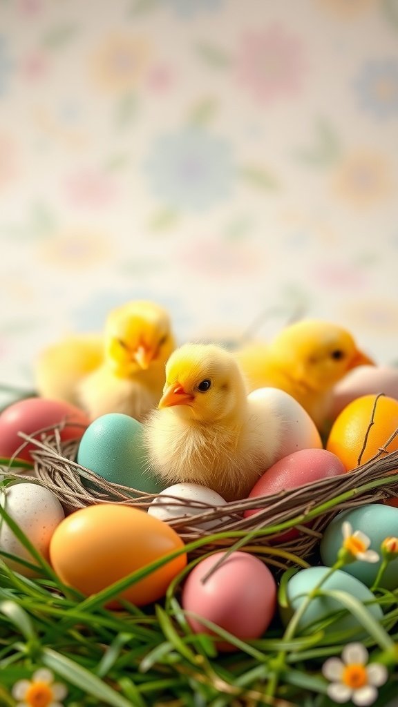 Charming yellow chicks among colorful Easter eggs in a nest