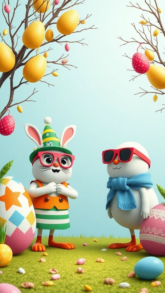 A playful rabbit and a snowman dressed in colorful outfits, surrounded by decorated Easter eggs and trees.