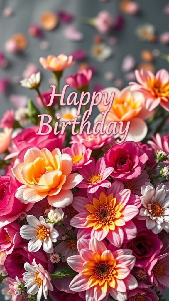 A colorful bouquet of flowers with the text 'Happy Birthday' prominently displayed.