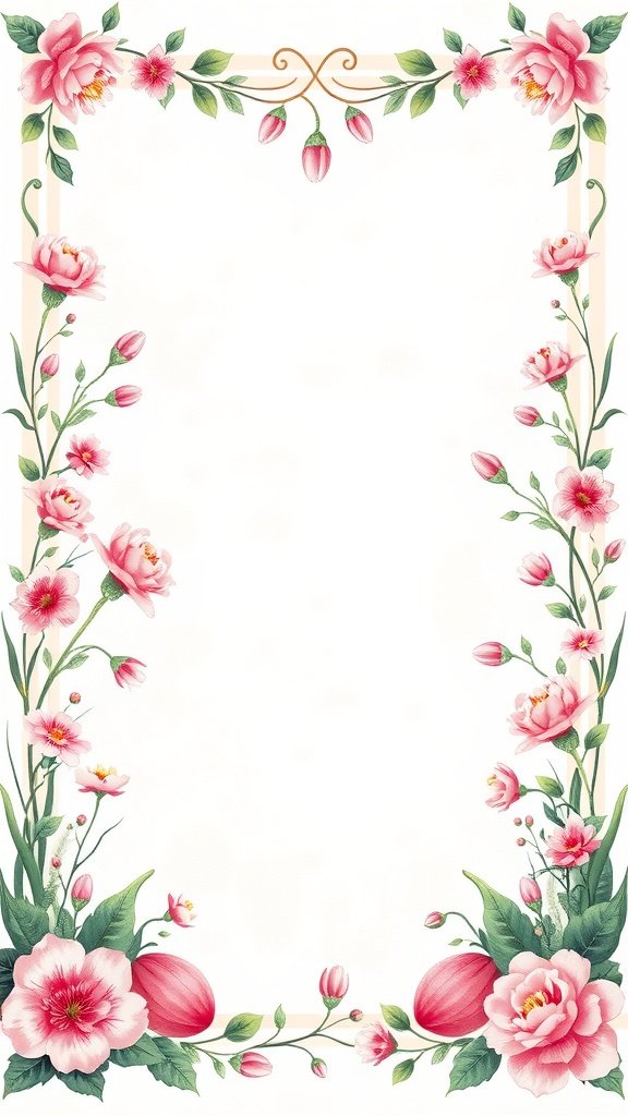Floral border design with pink flowers and decorative elements for Easter wallpapers