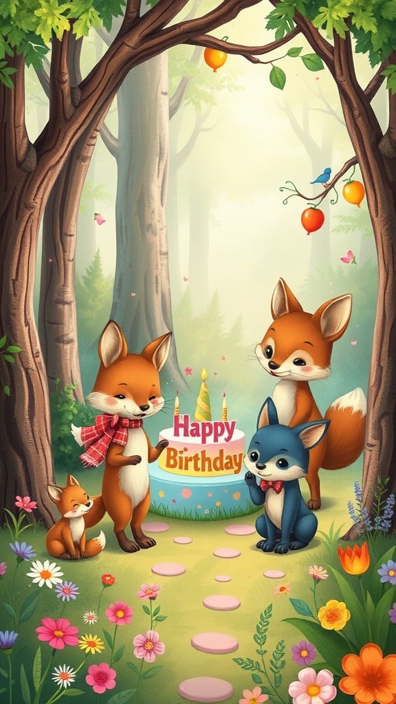 Woodland creatures celebrating a birthday with a cake in a forest setting. birthday phone wallpaper