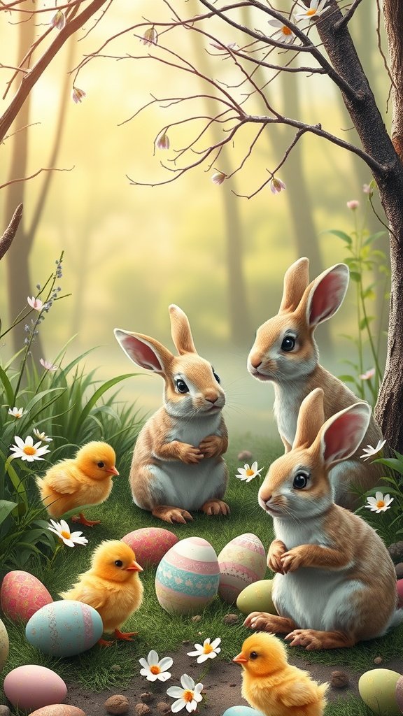 A charming woodland scene with bunnies, chicks, and decorated Easter eggs in a sunny forest.